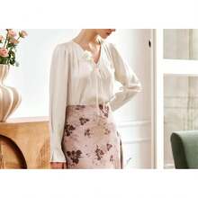 Tops de gasa con cuello en V y manga larga abombada para mujer, color liso, elegante, romántico, otoño, oficina, negocios - Blusa de albaricoque - Ver 3