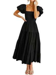 COLIZAMX Vestido Largo para Mujer Dress Casual con Cuello Cuadrado de Manga Corta para Playa Trabajo Fiesta - Blanco - Ver 8