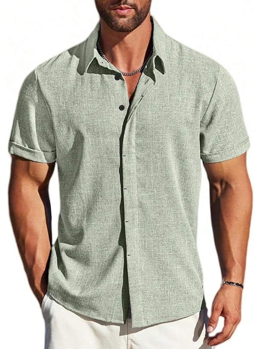 Camisas De Manga Corta con Botones para Hombre,Hombre Camisa Casual Manga Corta con Botones Ocultos,Adecuada para Playa,Trabajo,Cita. - Verde - Ver 1