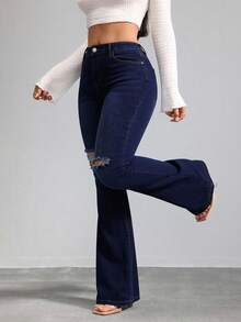 Floor-Length, High-Waisted Flare Trousers With One-Sided Rips At The Knees, High Elasticity, Fitted, Available In Multiple Shades, Retro Flowy Drape - 深色水洗藍 - View 4