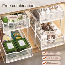 1pc Large Capacity Pull-Out Rust-Proof Coated Iron Storage Basket, Modern Pure Black Rectangular Mesh Wavy Handle 2-Tier Drawer Storage Rack, Suitable For Kitchen Cabinets, Storage Rooms, Bathroom Sink, All-Season Home Use - View 5