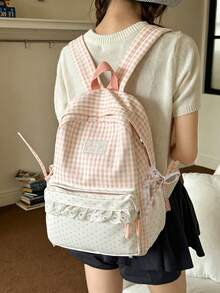 Gingham Spliced Mini Polka Dot Backpack With Lace Ruffle Trim And Side Bow, Lightweight College Student Backpack For Daily Commute & Back-To-School - Multicolor - View 10