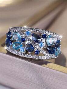 1pc Royal Blue Crystal Teardrop Stone Ring Simulated Aquamarine Engagement Ring Daughter Mom Relative Gift - Silver - View 4