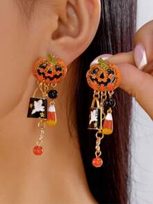 1 Pair New Halloween Earrings For Women, Creative Pumpkin Head & Ghost Pendant, Asymmetrical Design Stud Earrings - Multicolor - View 1
