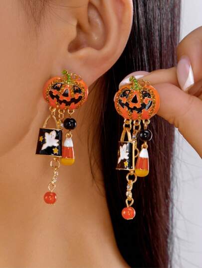 1 Pair New Halloween Earrings For Women, Creative Pumpkin Head & Ghost Pendant, Asymmetrical Design Earrings