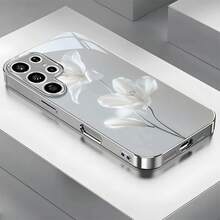 Phone Case - Artistic Qinglan White Flower New Electroplated Silver Phone Case for  Galaxy S25Ultra, S25 Plus, S25, S24Ultra, S24FE, S24, S23Ultra - Plateado - Ver 2