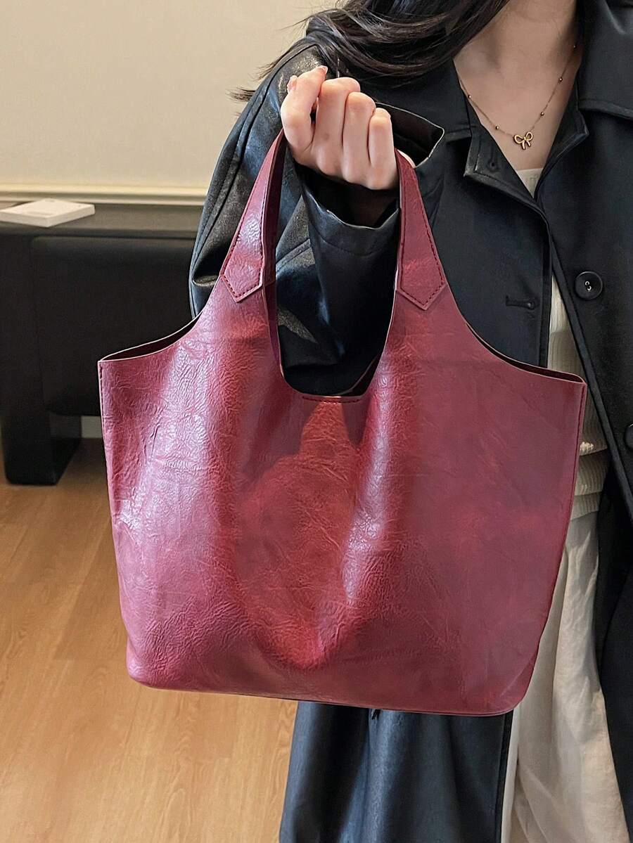 Dedoo 復古大容量女款托特包，小眾高端防水紋理包，適合日常購物與旅行 - 酒紅色 - 查看 1