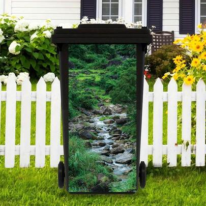 1pc Forest Stream Trash Can Sticker, Decorative Self-Adhesive PVC Sticker, Outdoor Waterproof, Suitable For Trash Bins, Walls, Kitchen Decoration
