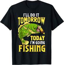 Camiseta de pesca para hombre con frase divertida "Fishing I'll Do It Tomorrow" – Estilo humorístico, cuello redondo, manga corta, moda verano - Negro - Ver 1