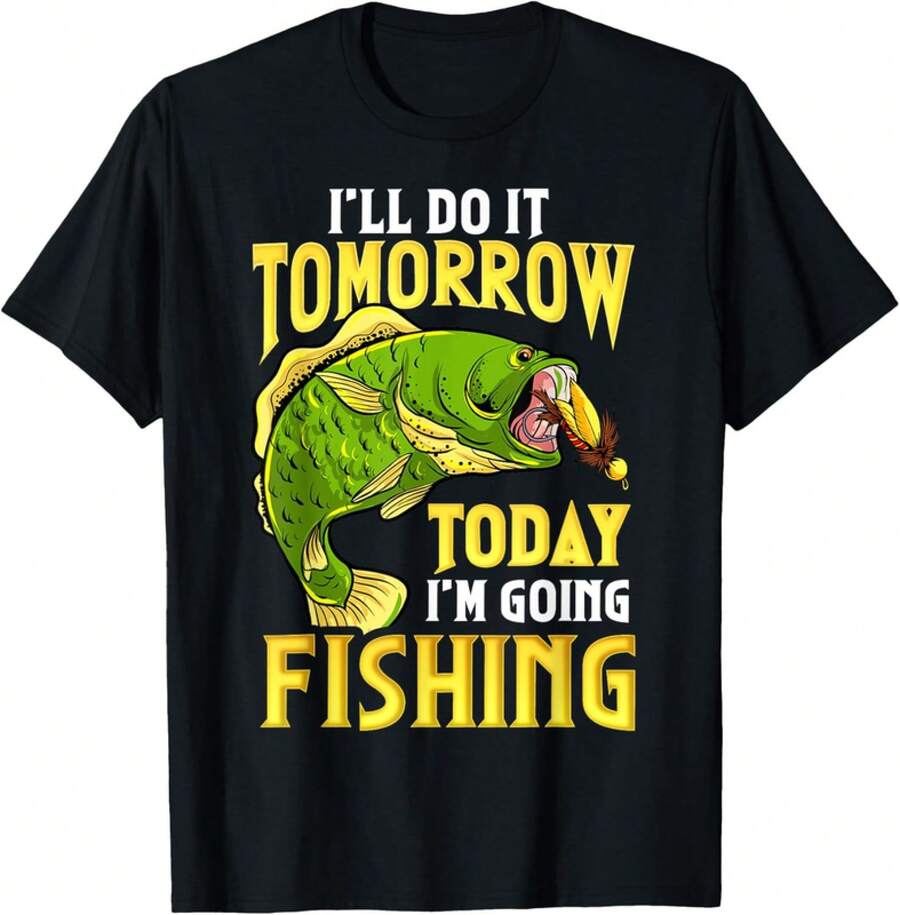 Camiseta de pesca para hombre con frase divertida "Fishing I'll Do It Tomorrow" – Estilo humorístico, cuello redondo, manga corta, moda verano - Negro - Ver 1