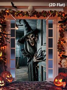 1pc Halloween Door Cover, Witch Pattern Bedroom Door Decor, Halloween Backdrop, Halloween Party Supplies, Halloween Hanging Banner, Scary Halloween Photography Props, Haunted House Decor, Trick Or Treat Decor, Halloween Gifts, Party Gifts, Photo Studio Props, Halloween Home Decor, Room Decor, Outdoor Garden Supplies, Yard Decor, Christmas Decor, 2027 New Year Party Decor, New Year Gifts, Winter Decor - Skeleton Witch - View 2