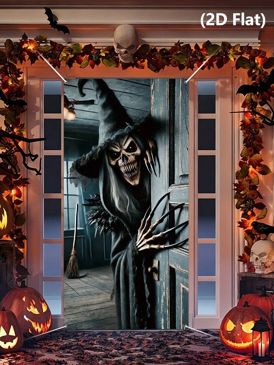 1pc Halloween Door Cover, Witch Pattern Bedroom Door Decor, Halloween Backdrop, Halloween Party Supplies, Halloween Hanging Banner, Scary Halloween Photography Props, Haunted House Decor, Trick Or Treat Decor, Halloween Gifts, Party Gifts, Photo Studio Props, Halloween Home Decor, Room Decor, Outdoor Garden Supplies, Yard Decor, Christmas Decor, 2027 New Year Party Decor, New Year Gifts, Winter Decor