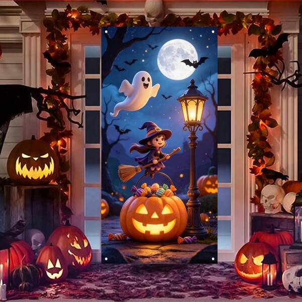 1pc Cute Fairy Tale Halloween Door Banner, Polyester Party Door Hanging, Whimsical Witch & Jack-O'-Lantern Pattern, Gate Entryway Indoor Backdrop Farmhouse Courtyard Festival Decor
