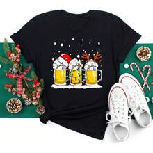 Feliz Navidad Árbol de Navidad Papá Noel Camiseta de Manga Corta de Moda para Mujer Talla Grande con Estampado de Dibujos Animados - Negro - Ver 8