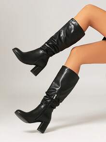Women's Fashion Thick Heel Over-The-Knee Boots, Round Toe Versatile Side Zipper Sexy Punk Boots, Suitable For Autumn & Winter - Black - View 2