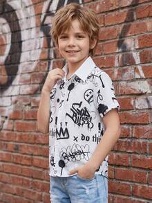 1pc Young Boy Black & White Splatter Short Sleeve Polo Collar Graffiti Crown & Letter Print T-Shirt, Cool Boys Shirt, Summer Kids Casual Polo Shirt, Suitable For Local Children's July 4th Shirt, 5 Years Old Boys Clothing, Clothing, Kindergarten Shirt - White - View 4