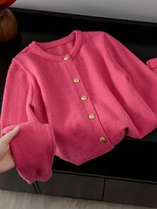 Autumn/Winter New Dragon Fruit Red Round Neck Knitted Cardigan, Paired With Exquisite Metal Gold Buttons, Simple And Clean. Delicate Soft Knitted Fabric, Long Sleeve Ribbed Cuffs, Solid Color Versatile And Eye-Catching, Brightens Complexion, Great For Wearing Alone Or Layering, Gentle And Attractive. - Hot Pink - View 2