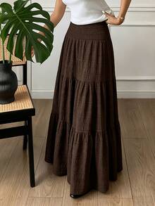 1pc Solid Color Casual Bohemian Elegant Polyester Ruffle Hem Women's Skirt Summer - Coffee Brown - View 2