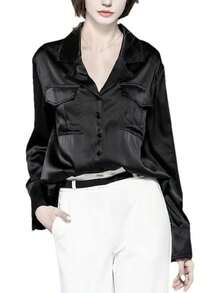 Blusa formal de manga larga brillante con bolsillos de solapa para mujer - Azul - Ver 8