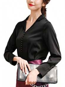 Camisa de manga larga de seda con solapa para mujer, diseño de negocios con hebillas sólidas, cuello en V, blusa delgada - Rojo vino - Ver 1