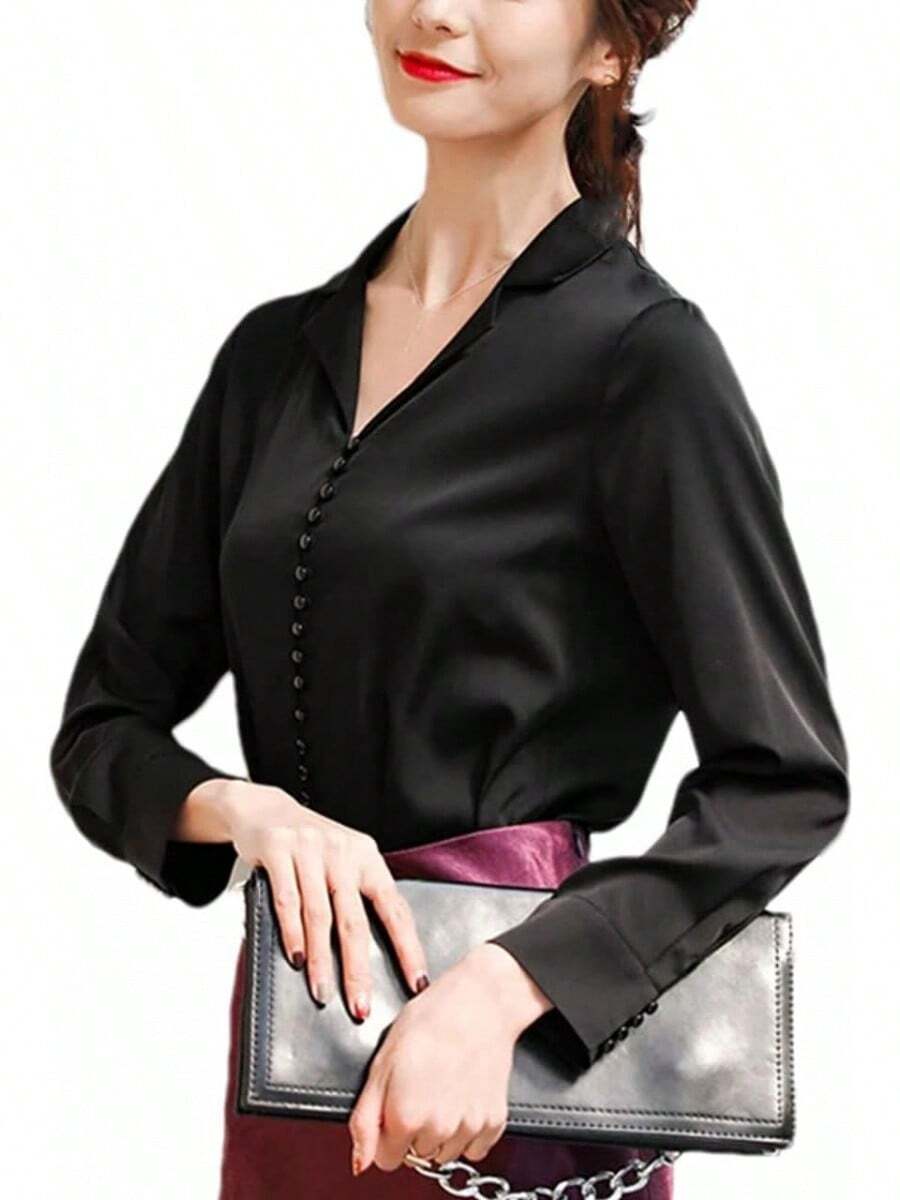 Camisa de manga larga de seda con solapa para mujer, diseño de negocios con hebillas sólidas, cuello en V, blusa delgada - Rojo vino - Ver 1