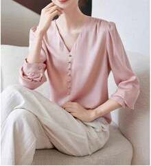 Blusa de manga larga plisada de seda con abalorio y cuello en V para mujer - Morado - Ver 4