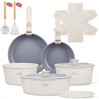 17pcs Set Of Nonstick Ceramic Cookware, Ideal For Home Chefs, Featuring Detachable Handles And  For Both Dishwasher And Oven Use, Compatible With All Types Of Stoves Including Induction