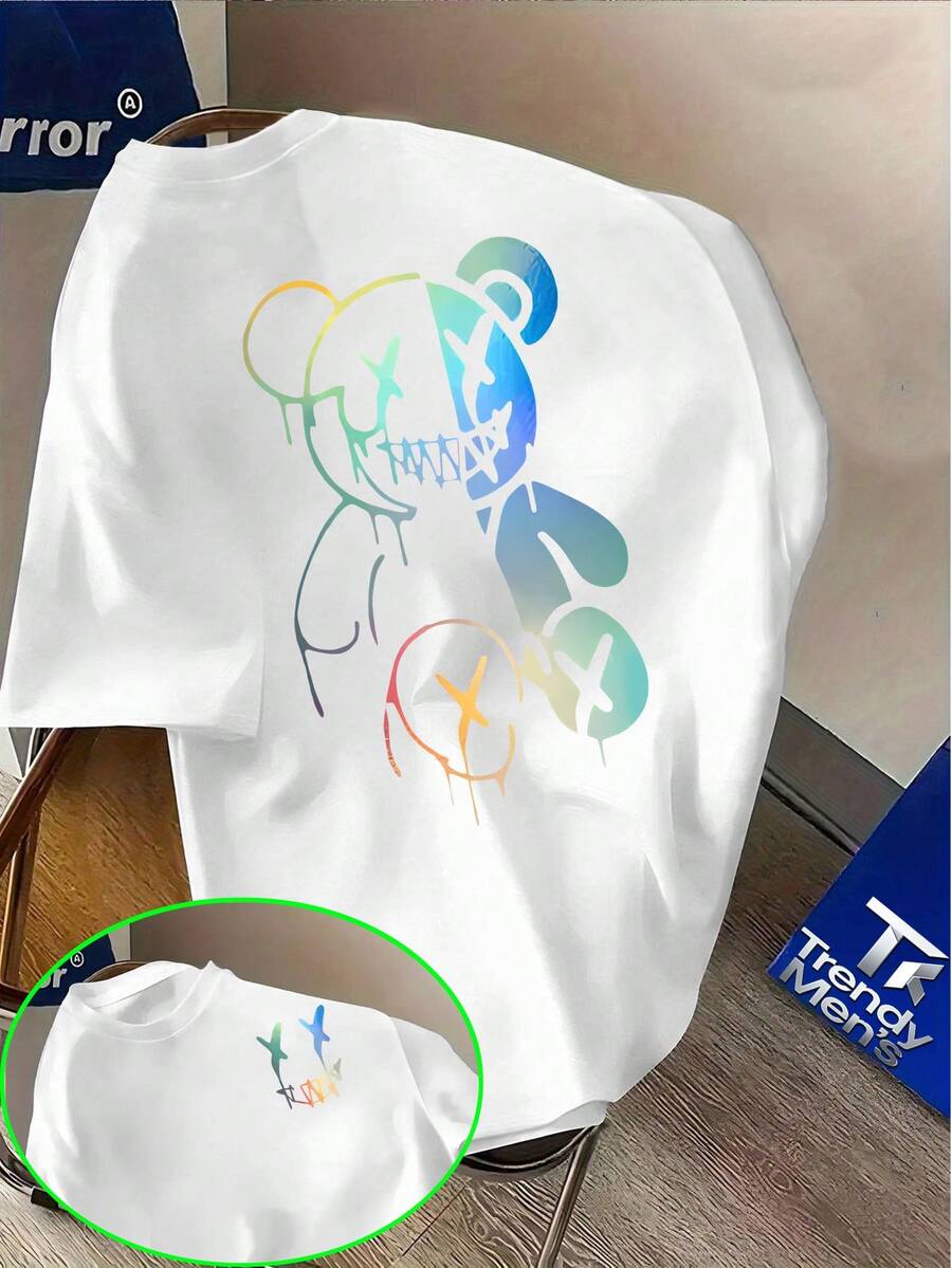 Street Style Printed T-Shirt With Gradient Color Cool Bear Pattern And Creative Graffiti Design, Perfect For Daily Wear To Showcase Personality - 白色 - 查看 1