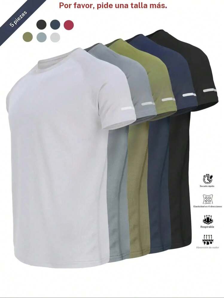 Camiseta deportiva reflectante, transpirable y de secado rápido, manga corta y cuello redondo, camiseta atlética ligera para hombre, ideal para actividades al aire libre, ropa de gimnasio y entrenamiento, top de gimnasio, ropa para exteriores - Rojo-Verde-Azul-Negro - Añade 4