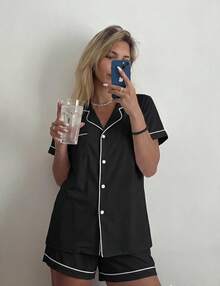 - Conjunto de pijama de verano con botones, 2 piezas, de manga corta, para dormir, S-XXL - Rosa polvoriento - Ver 3