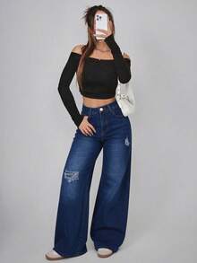 Jeans Rectos de Mezclilla Azul  Lavado con Roturas - Azul lavado oscuro - Ver 5