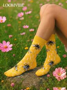 1 Pair Unisex Bee & Honeycomb Jacquard Mid-Calf Socks, Sweat-Absorbing, Odor-Resistant, Anti-Slip, Durable, Warm Yellow Solid Color Artistic Casual Mid-Calf Socks, Suitable For Daily Commute, Travel Outfits, Artistic Gift Giving - Multicolor - View 1