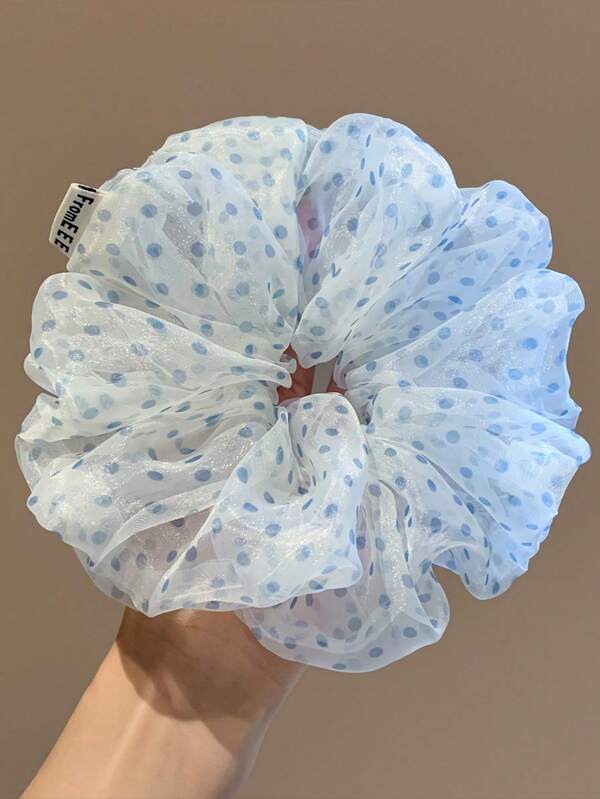 1pc Summer Green Slouchy Polka Dot Mesh Scrunchie, Oversized Hair Tie For Women, Elegant Hair Accessory For Bun Hairstyle