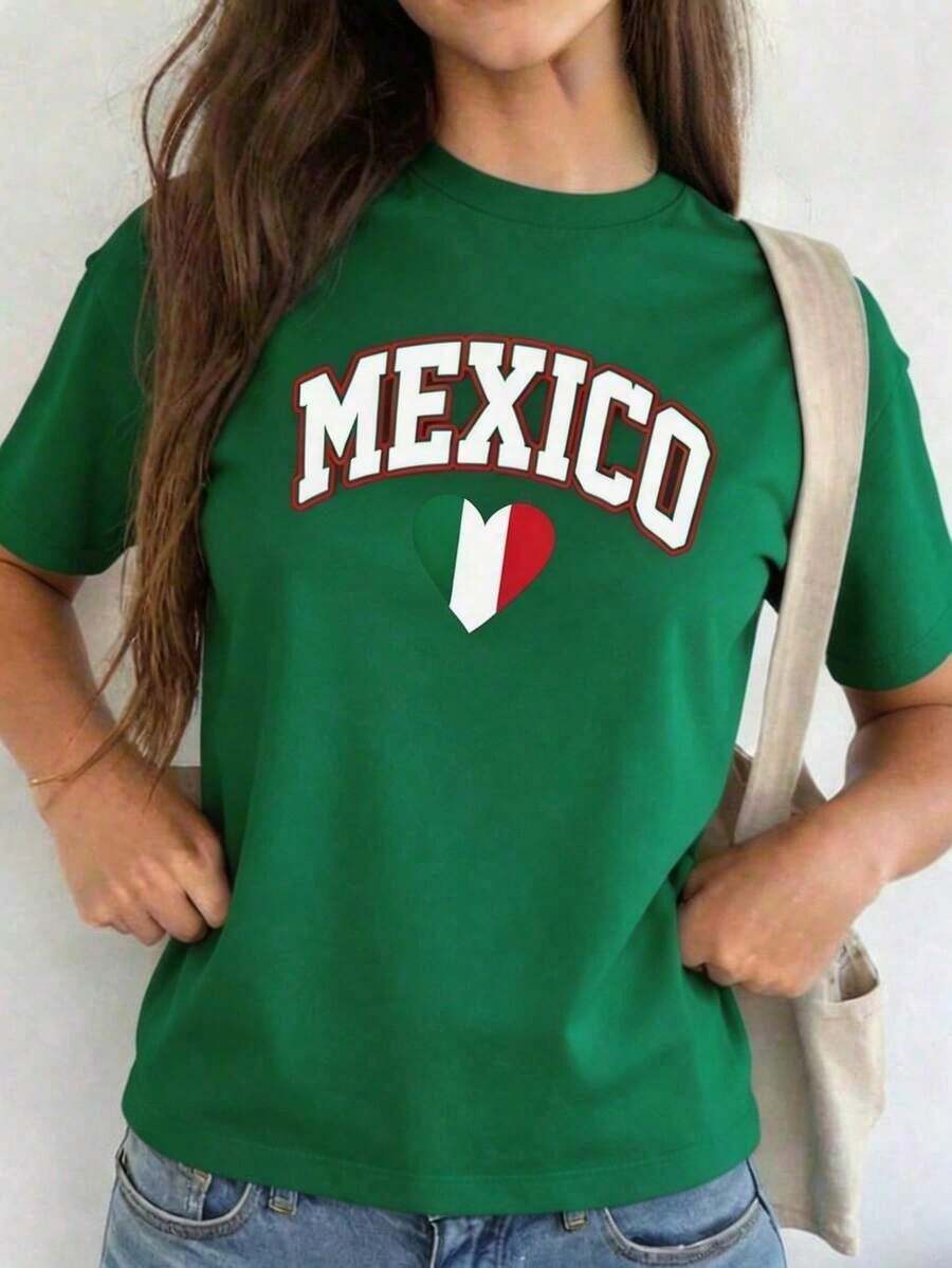 Women's Casual T-Shirt, Round Neck, Short Sleeve, MEXICO Print, Made In Mexico, Unisex Loose Fit Cotton T-Shirt With Short Sleeves And Round Neck, Vintage Urban Style - 綠色 - 查看 1