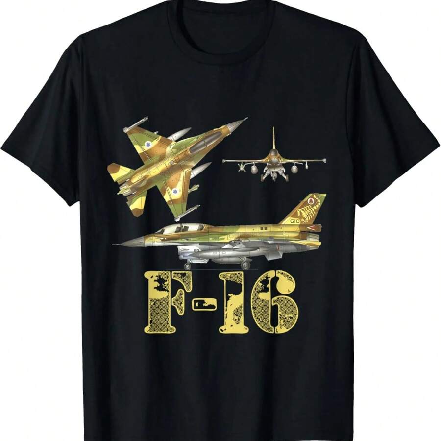 F16 Jet Aircraft Fighter Jet Blueprint Design T-Shirt Short Sleeve Casual 100% Cotton Shirt - Black - View 1