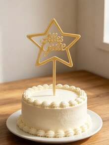 3pcs Gold Mirror Acrylic Alles Gute Cake Topper With Hollow Five-Pointed Star Frame, Elegant German Cursive Script Letter With Stick For Cake Top Decoration, German Birthday & Holiday Party, European Celebration Cake Decor Supplies - B - View 4