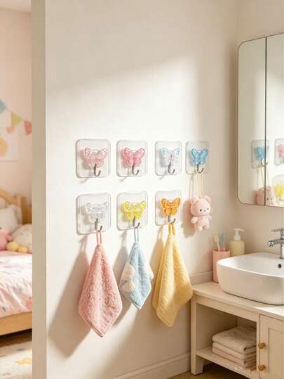 3pcs/7pcs Heavy Duty Colorful Butterfly Wall Hooks, Butterfly Shaped Decorative Hooks, Transparent Hooks, Sturdy And Durable, Suitable For Baby Room, Bathroom, Bedroom, Baby Room Decoration