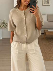 Women's Casual Vacation Fashion Versatile Solid Color Loose Round Neck Short Sleeve Button Cardigan Sweater, Suitable For Spring And Autumn - Camel - View 6