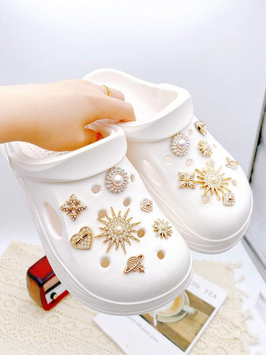 14pcs Cute Detachable Shoe Charms DIY Accessories For Women Sandals, Fun Personalized Shoe Decoration, Perfect Gift For Holiday Parties - Gold - View 1