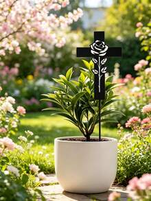 Rose Cross Metal Garden Stake, Black Hollow Rose Iron Plant Marker, Elegant Inspirational Yard Decor, Gentle Memory Remembrance Ornament For Patio Flower Pot, Thoughtful Sympathy Condolence Gift - Rose Cross Flower Vase - View 1