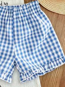 Setelan 2pcs Atasan dan Celana Pendek Kotak-kotak Motif Kreatif untuk Anak Perempuan Remaja, Motif Kotak-kotak Kartun Lucu, Cocok untuk Pakaian Sehari-hari Musim Semi/Panas, Musim Kembali ke Sekolah, Liburan Musim Panas, Perjalanan, dan Aktivitas Luar Ruangan - Baby Blue - View 10