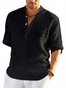 VictorFit Camisa de algodón y Lino para Hombre, Manga Larga, Estilo Hippie, Casual, para la Playa - Gris - Ver 1