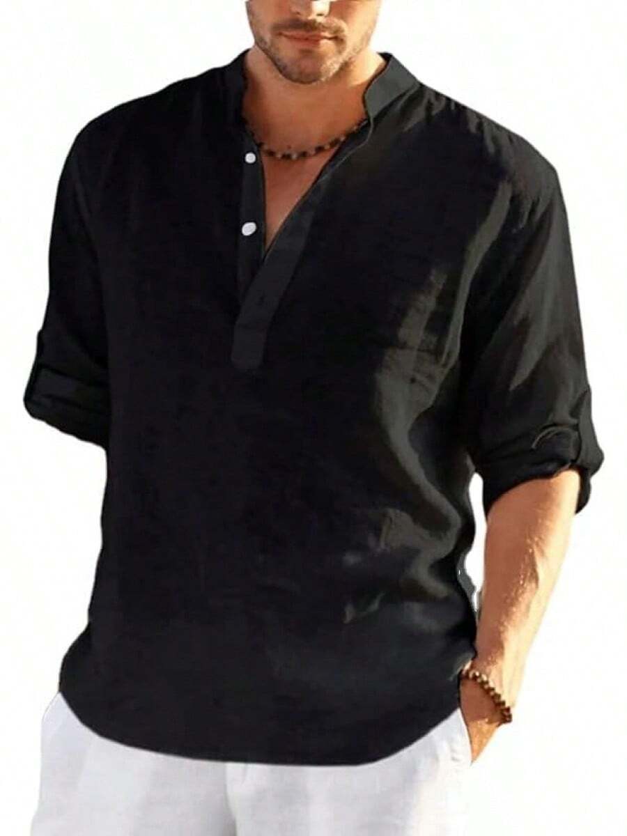 VictorFit Camisa de algodón y Lino para Hombre, Manga Larga, Estilo Hippie, Casual, para la Playa - Gris - Ver 1