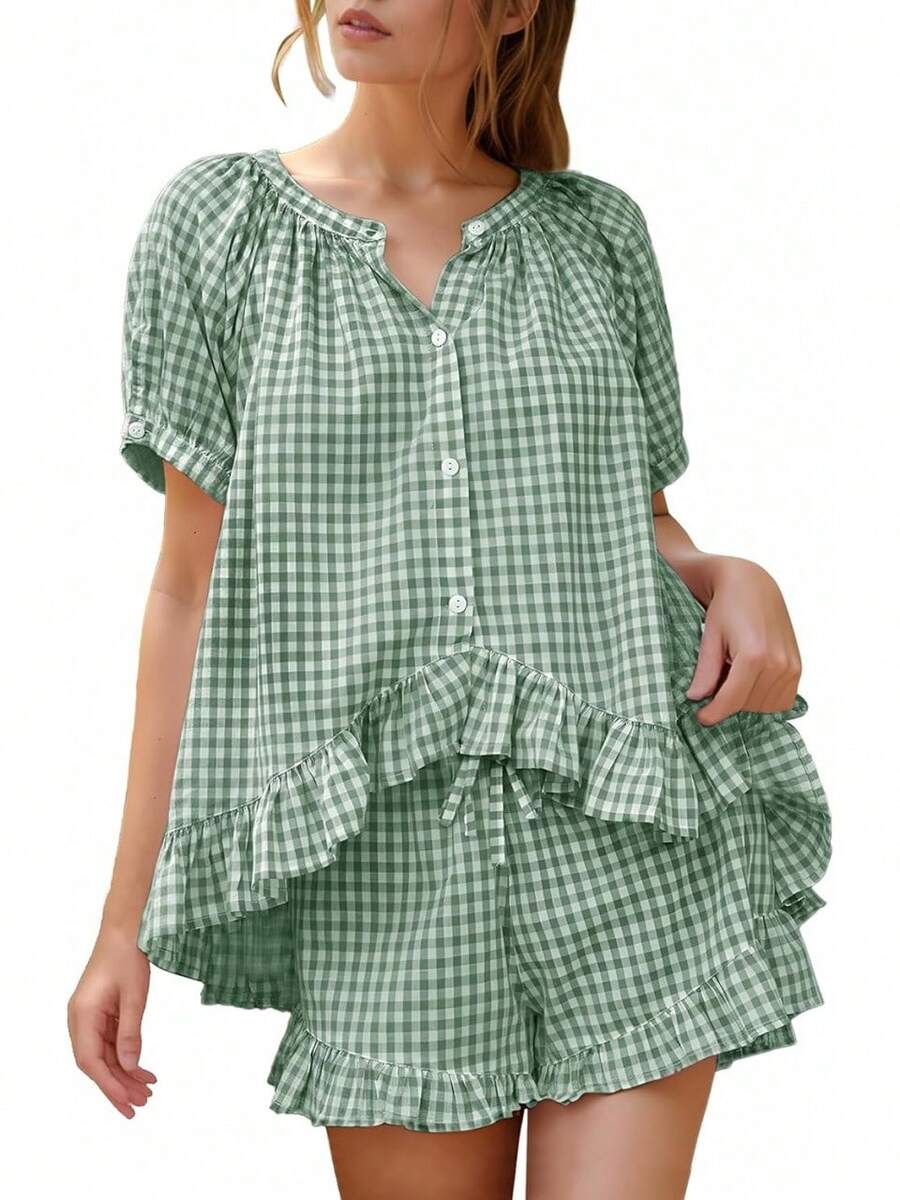 Flygo - Conjunto de pijama de cuadros para mujer, 2 piezas, de algodón, manga abombada, con volantes, conjunto de pijama de verano - Sandía - Ver 1