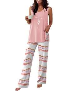 - Conjunto de pijama para mujer, sin mangas, cómodo conjunto de playera sin mangas y pantalones con cuello en V, 2 piezas, S-XXL - Raya gris - Ver 8