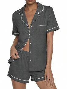 - Conjunto de pijama de verano con botones, 2 piezas, de manga corta, para dormir, S-XXL - Verde claro - Ver 15
