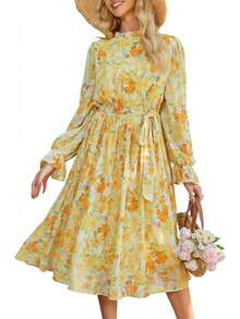 ANRABESS - Vestido midi floral para mujer, manga larga, con volantes, de gasa, acampanado, plisado, con cinturón, vestido de fiesta para té - Rosa nariz roja - Ver 17