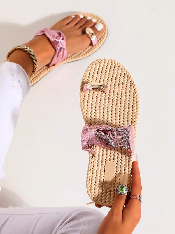 Boho Braided Footbed Flat Thong Slides For Women, Shiny Pink Metallic Bow Gold Metal Toe Ring Summer Outdoor Beach Sandals