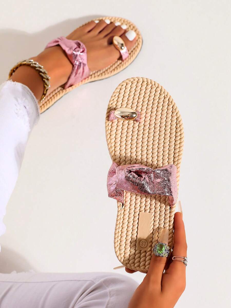 波西米亞編織鞋墊女款平底夾腳拖鞋,亮粉色金屬光澤蝴蝶結金色金屬趾環夏季戶外沙灘涼鞋 - 淡紫色 - 查看 1