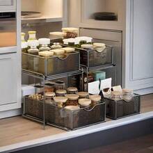 1pc Large Capacity Pull-Out Rust-Proof Coated Iron Storage Basket, Modern Pure Black Rectangular Mesh Wavy Handle 2-Tier Drawer Storage Rack, Suitable For Kitchen Cabinets, Storage Rooms, Bathroom Sink, All-Season Home Use - View 4